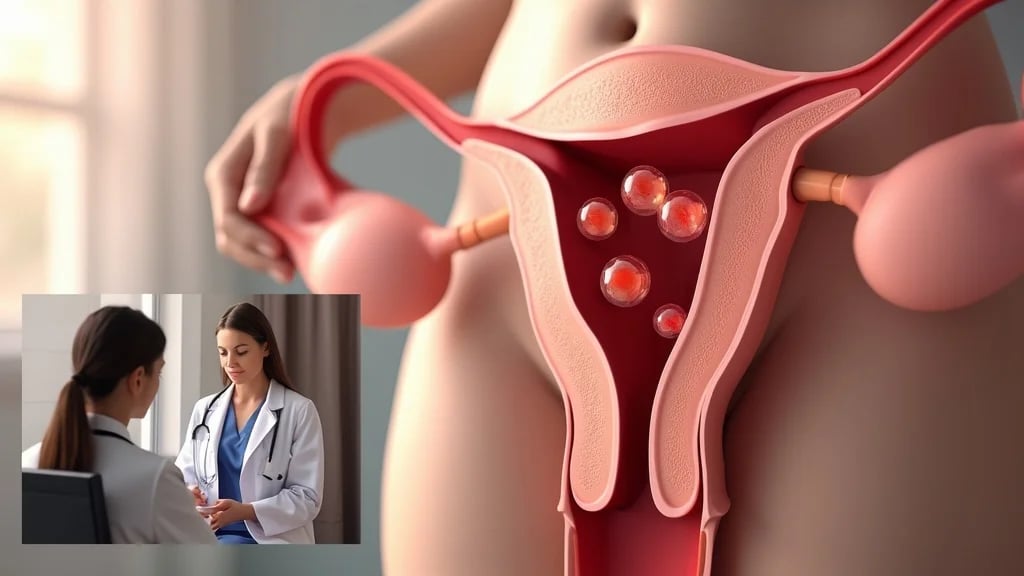 A anatomical illustration showing a woman's reproductive system with a focus on the ovaries during the egg donation process. The image should be medical in nature but accessible, showing how stimulated ovaries produce multiple follicles. Include a small inset image of a woman speaking with a counselor or medical professional, representing the emotional support aspect. The style should be informative rather than alarming, with accurate but approachable medical detail.