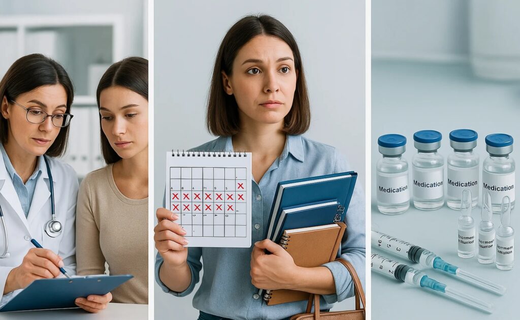 A split-screen photorealistic image showing key factors in egg donation frequency: Left side shows a doctor reviewing medical charts with a patient; center shows a woman balancing a calendar, work materials, and personal items representing schedule demands; right side shows organized medication vials and hormone injections typically used in the donation process. The lighting should be bright and clinical, with a color scheme that feels medical but not intimidating.