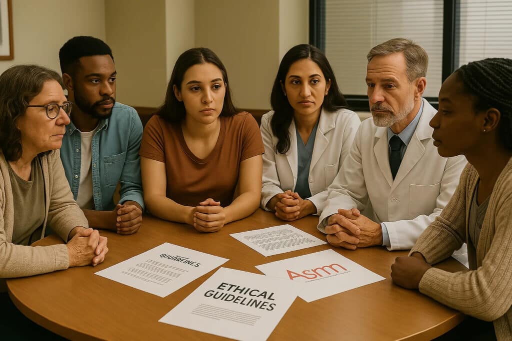 A thoughtful photorealistic image of diverse people (representing donors, recipients, and medical professionals) engaged in a roundtable discussion in a comfortable medical conference room. Papers with ethical guidelines and ASRM materials visible on the table. The facial expressions should convey serious consideration and respect for the complex ethical dimensions of repeated donation. The atmosphere should feel collaborative and supportive.