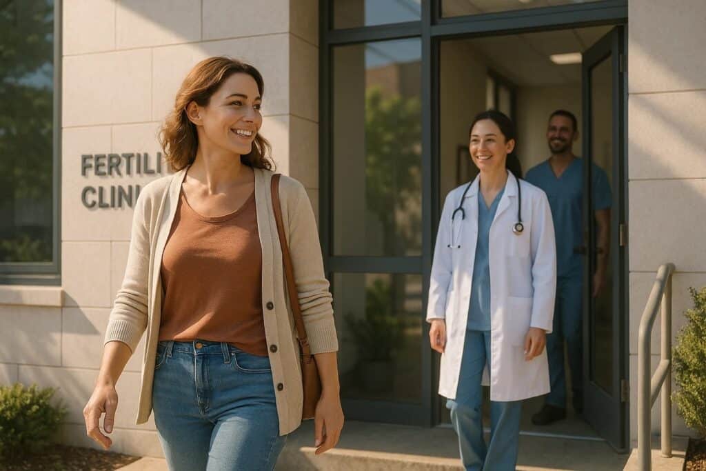 A confident, healthy woman leaving a modern fertility clinic with sunlight creating a positive atmosphere. She's exchanging a smile with medical staff at the entrance. The building should appear professional and welcoming, with subtle signage indicating it's a reproductive health center. The image should convey a sense of completion, wellbeing and informed decision-making after having gone through the egg donation process.