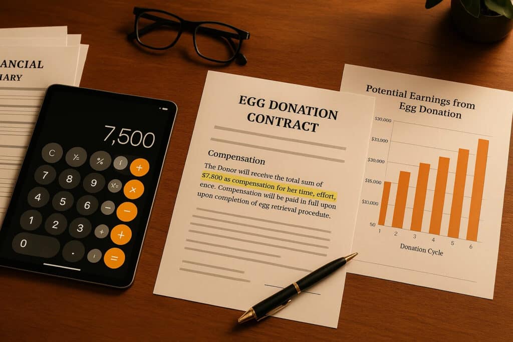 A professional-looking desk scene with organized financial documents related to egg donation compensation. Include a tablet showing a calculator app with figures, a contract with highlighted compensation terms, and perhaps a graph showing potential earnings across multiple donation cycles. The lighting should be warm and inviting, suggesting careful financial planning rather than commercialization of the process