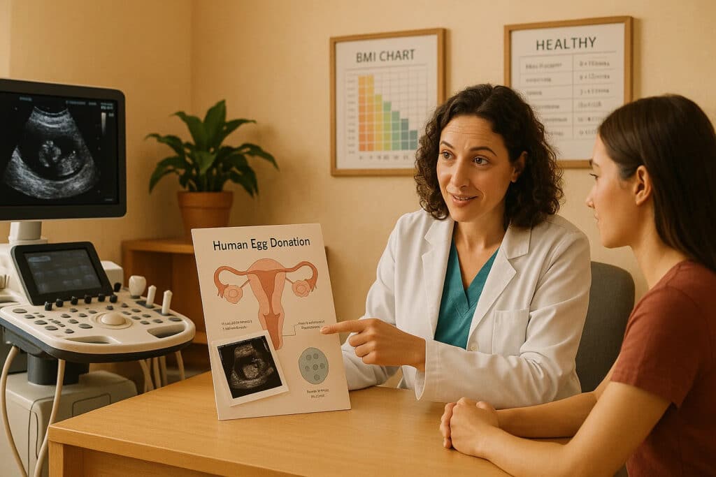 A warm, welcoming consultation room where a fertility specialist is reviewing ultrasound results with a potential donor. High-tech medical monitoring equipment should be visible but not dominate the scene. The specialist should be pointing to educational materials while making eye contact with the donor. Include subtle details like a BMI chart and health monitoring documentation in the background, representing the comprehensive follow-up care involved in the donation process.